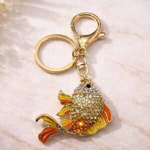 Yellow/Orange Rhinestone Fish Bag Charm Keychain – Gold Purse Accessory Gift